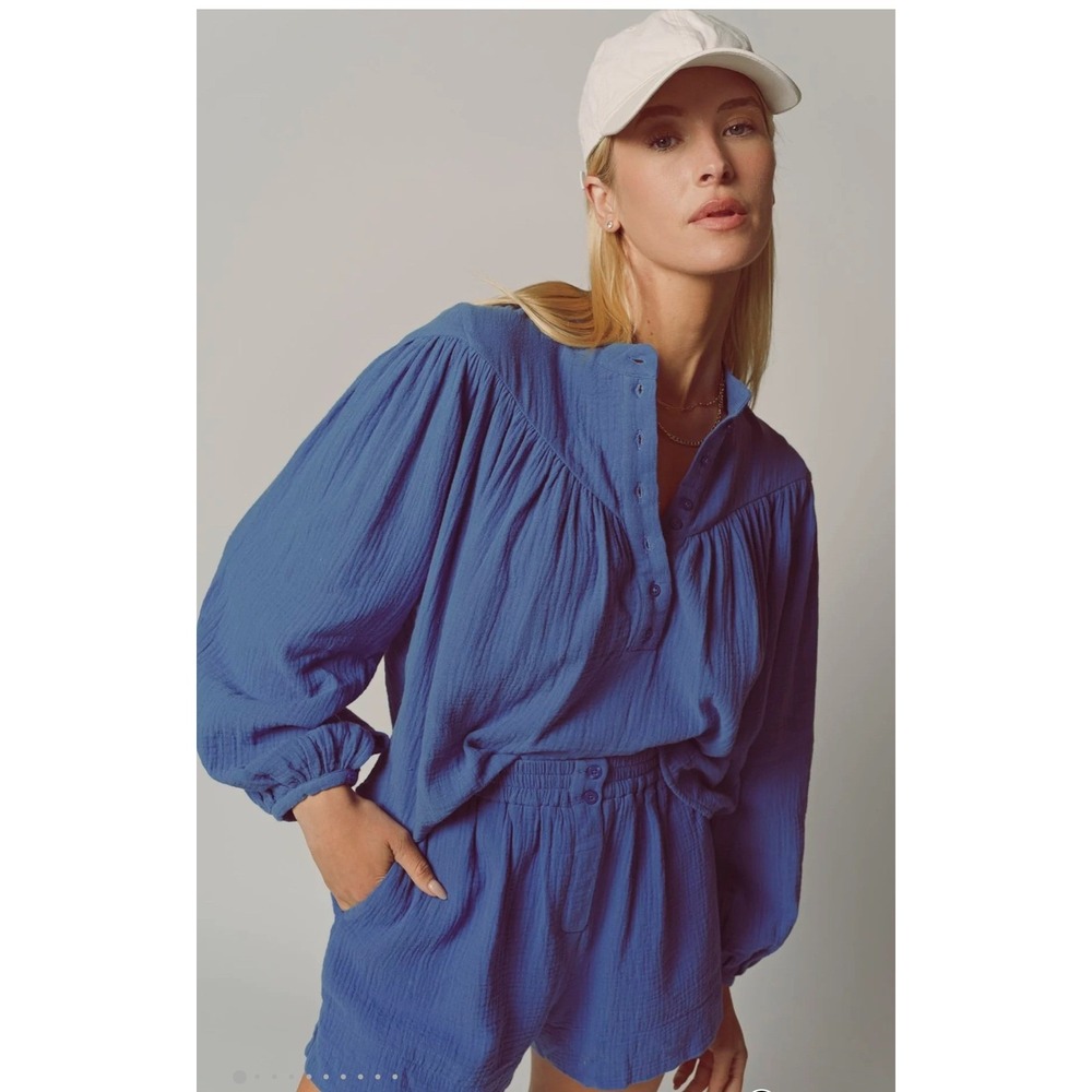 THE SHIRT BY ROCHELLE BEHRENS The Logan Shirt Blue Gauze Size M - Picture 13 of 13